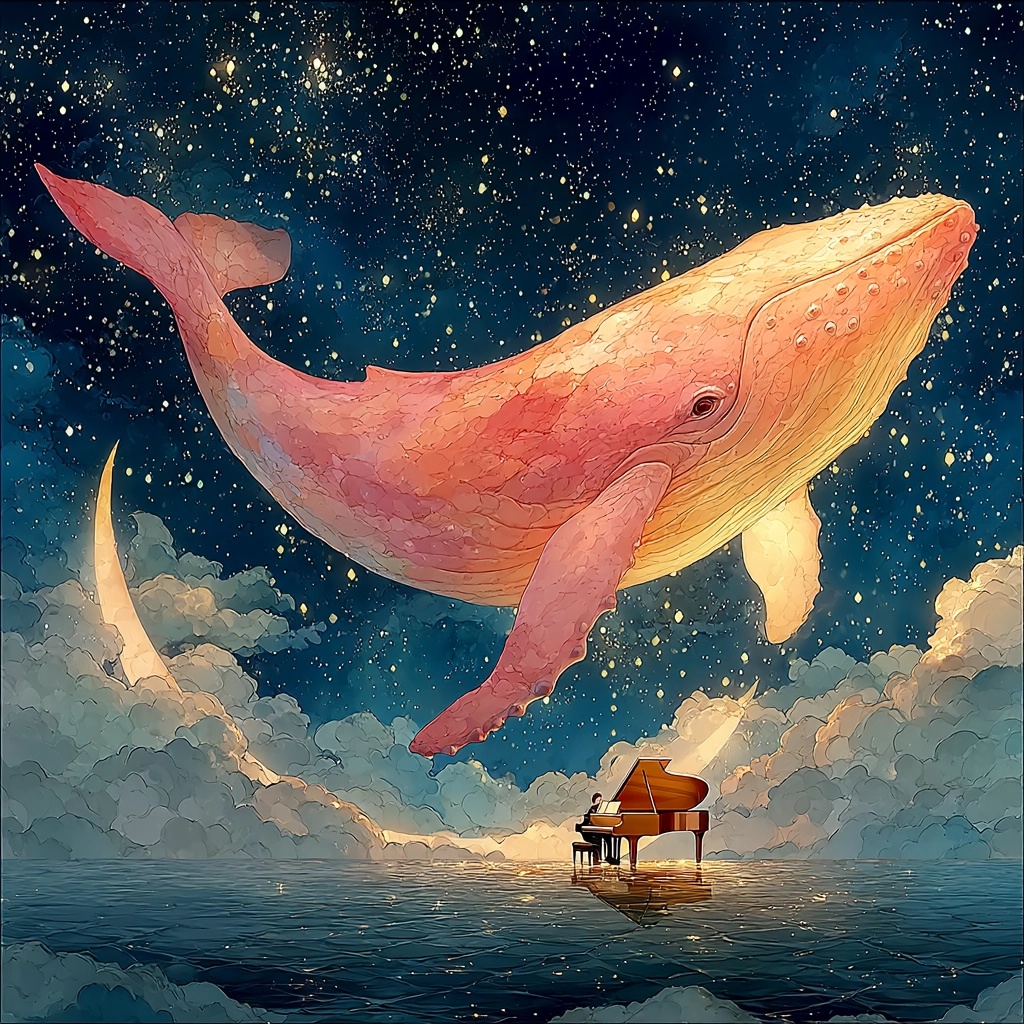 Dreamy Watercolor: Pink Whale in Starry Sky