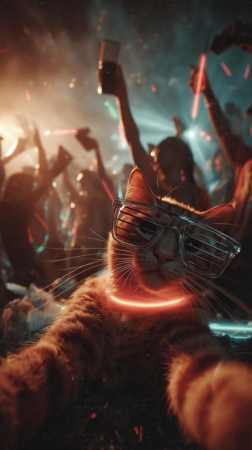 Tabby Cat's Epic Rave Selfie: 90s Vibe Unleashed