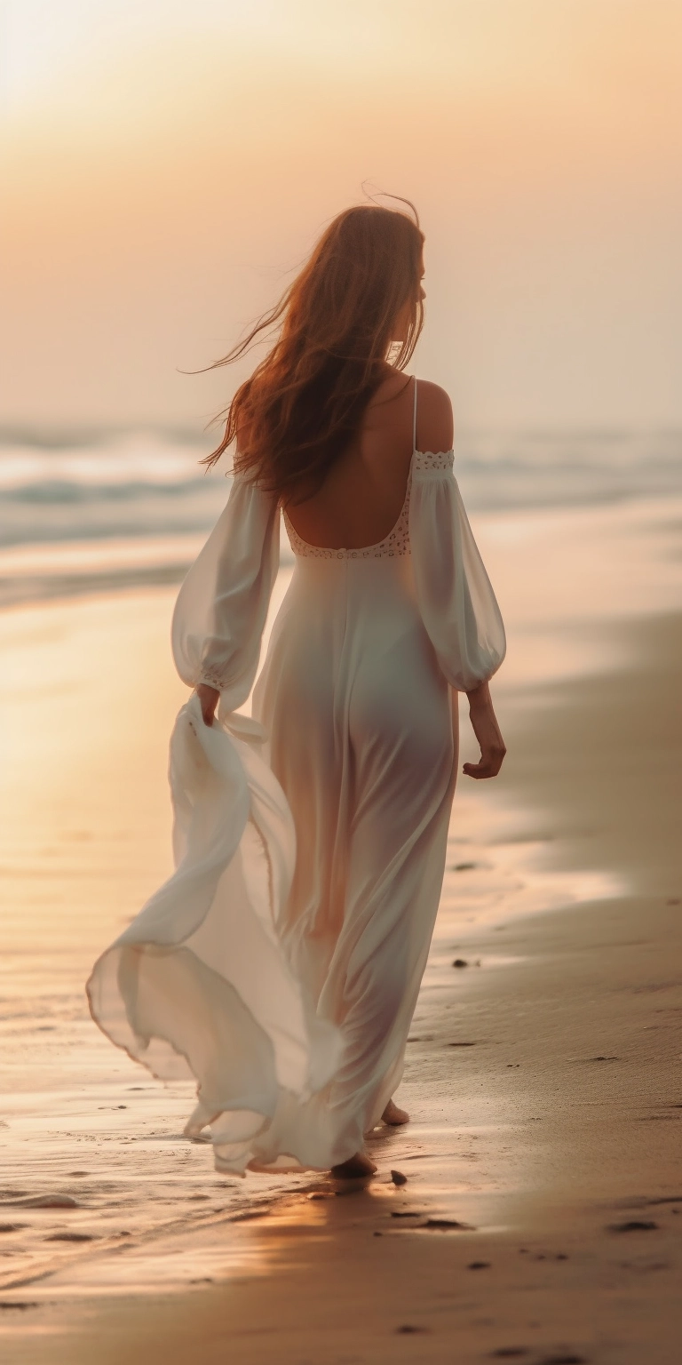 Sunset Stroll: Feminine Beauty in Exquisite White Dress