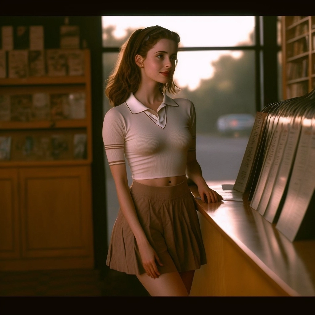 Mysterious Actress Leans on Bookstore Counter