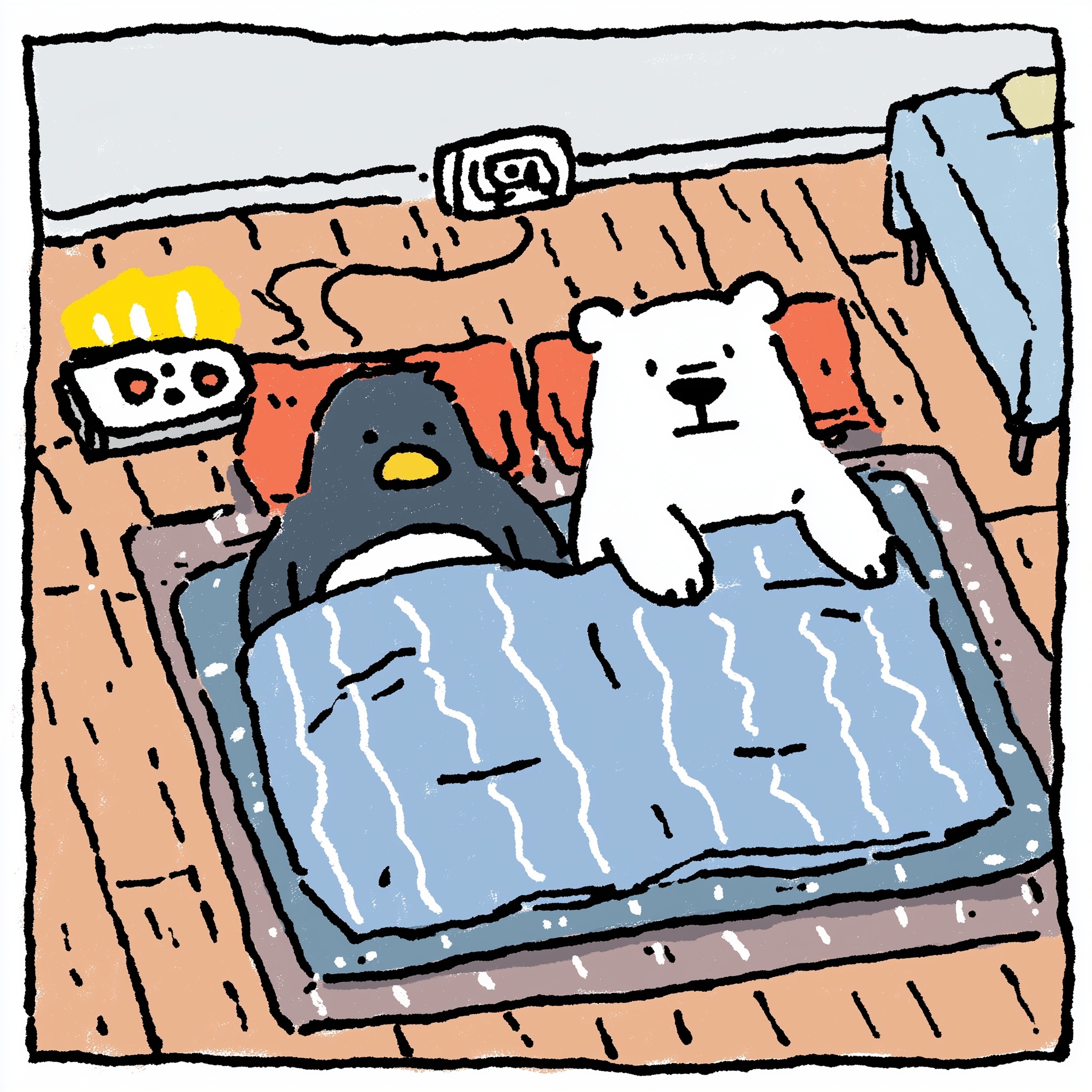 Cozy Comfort: Penguin & Bear on Heated Mat