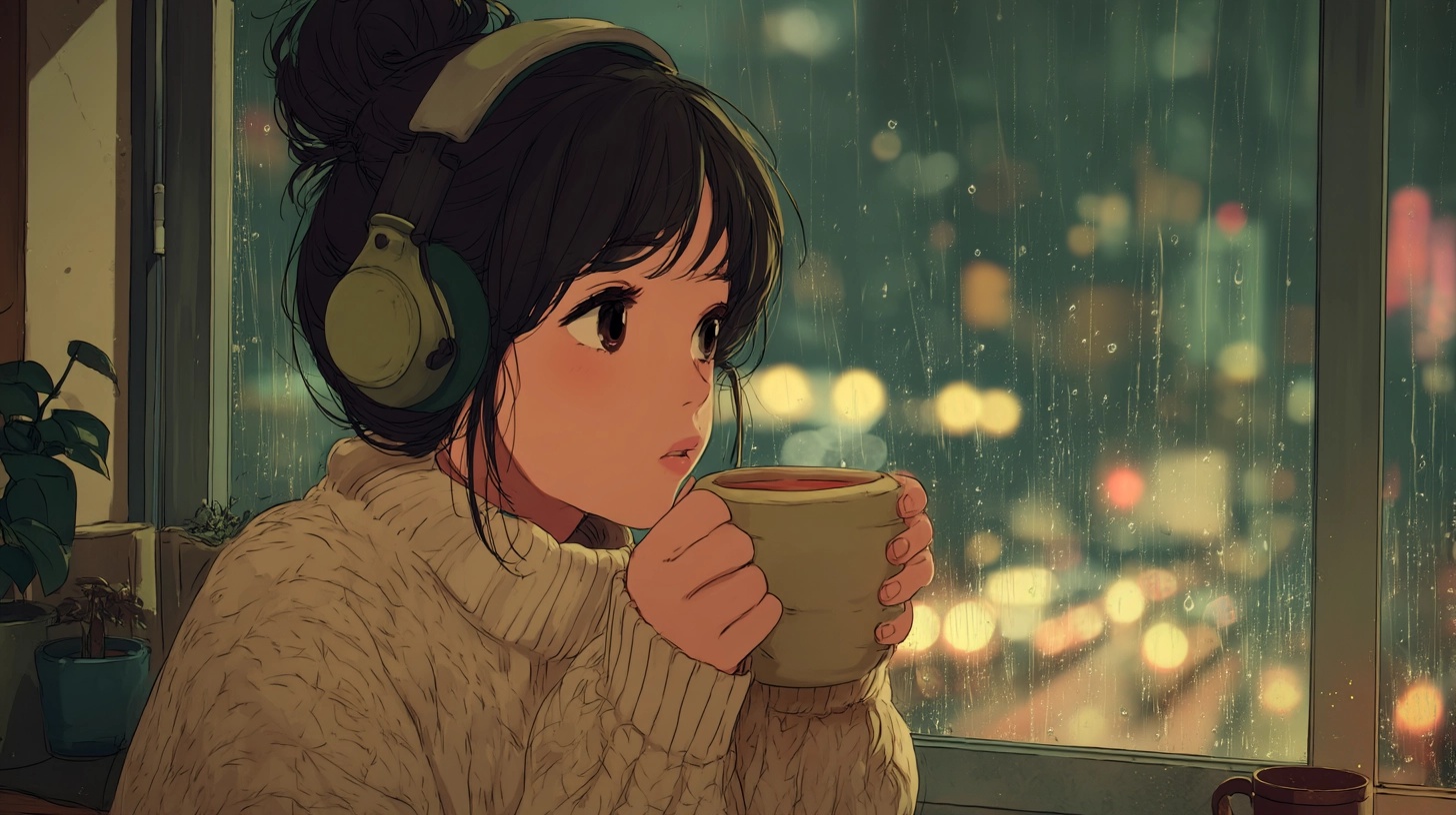 Cozy Rainy Night: Anime Girl's Peaceful Escape