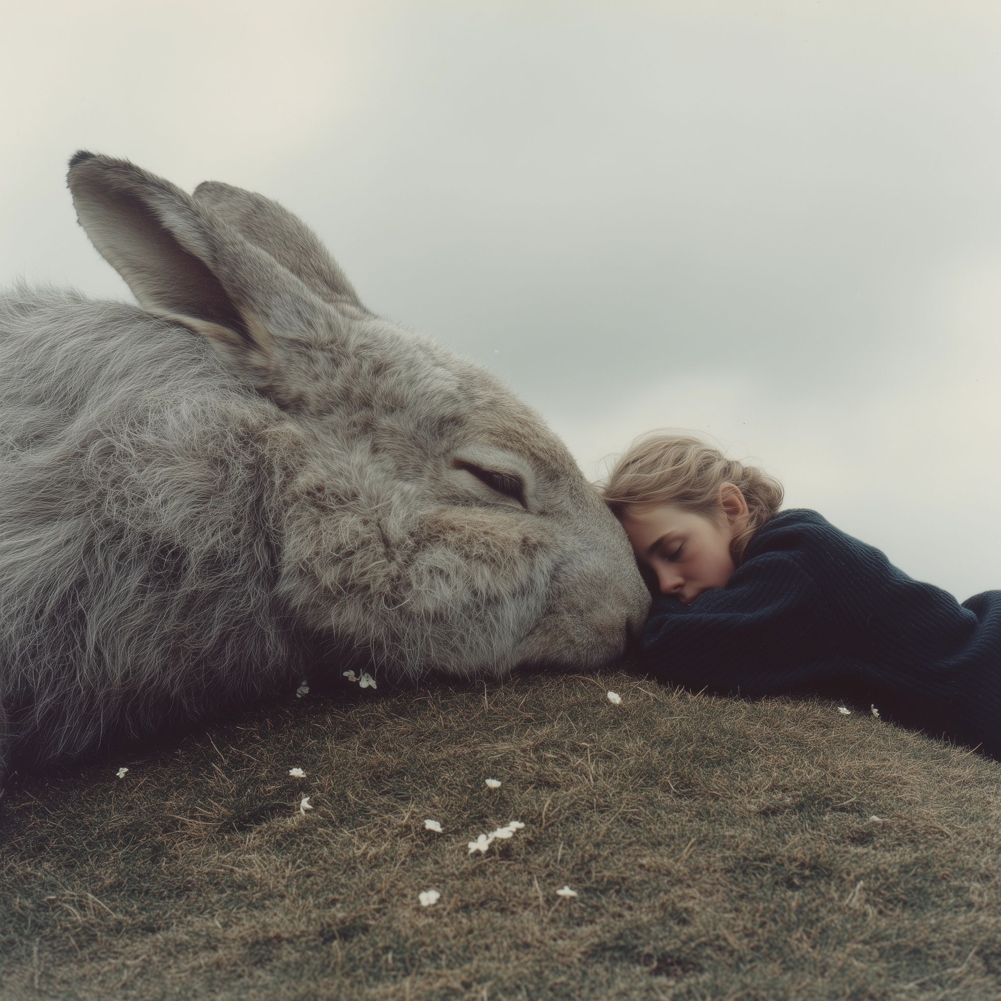 Whimsical Creature Naps with Child on Grassy Hill