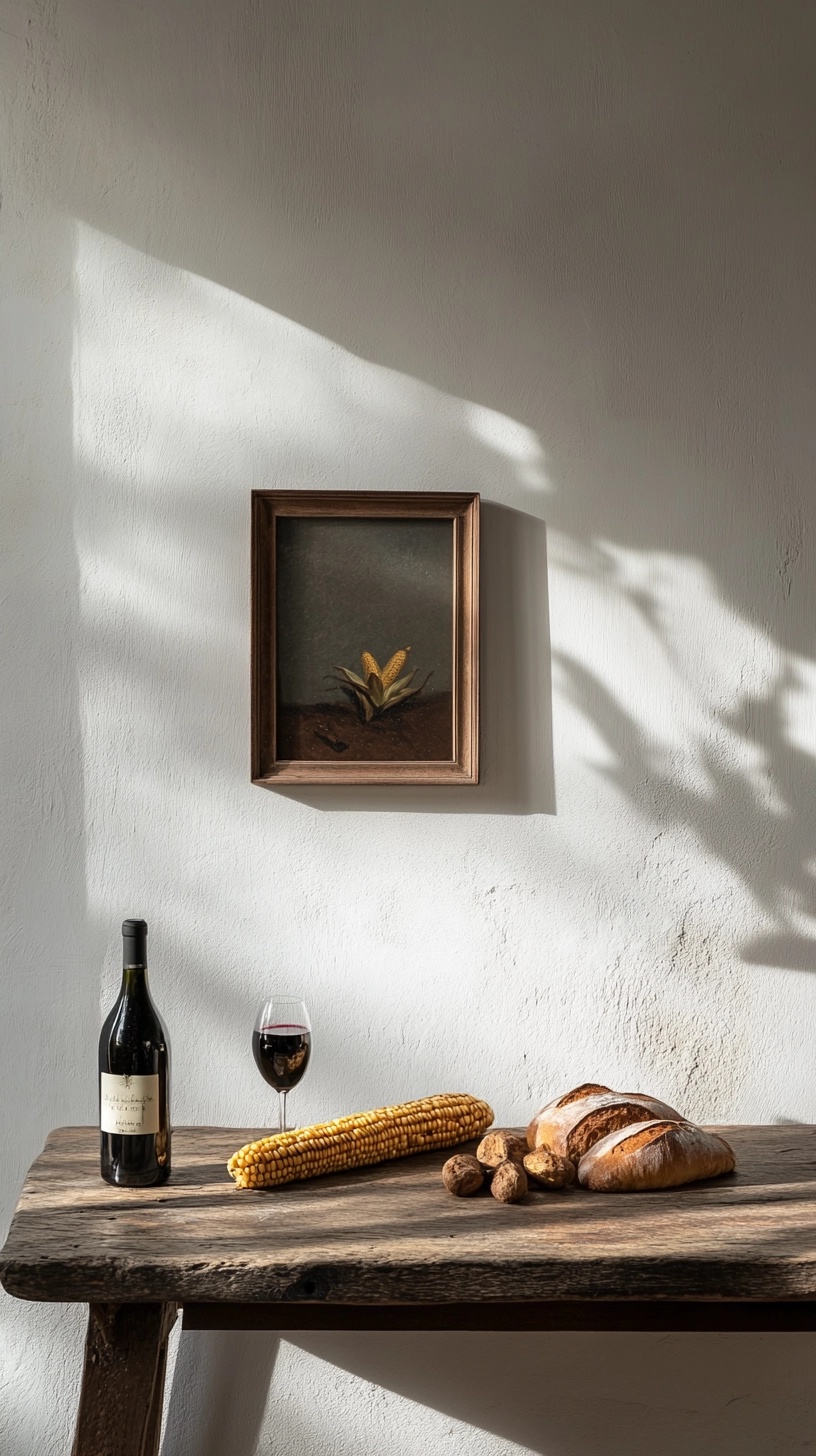 Rustic Table Decor: Bread, Wine, and Art