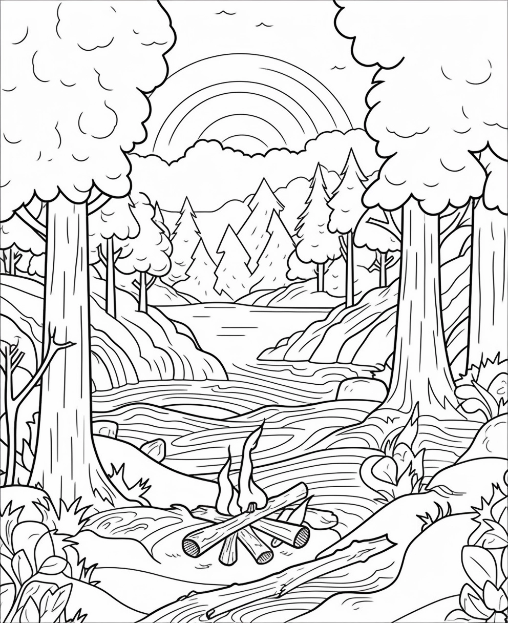 Forest Campfire Coloring Page for Adults