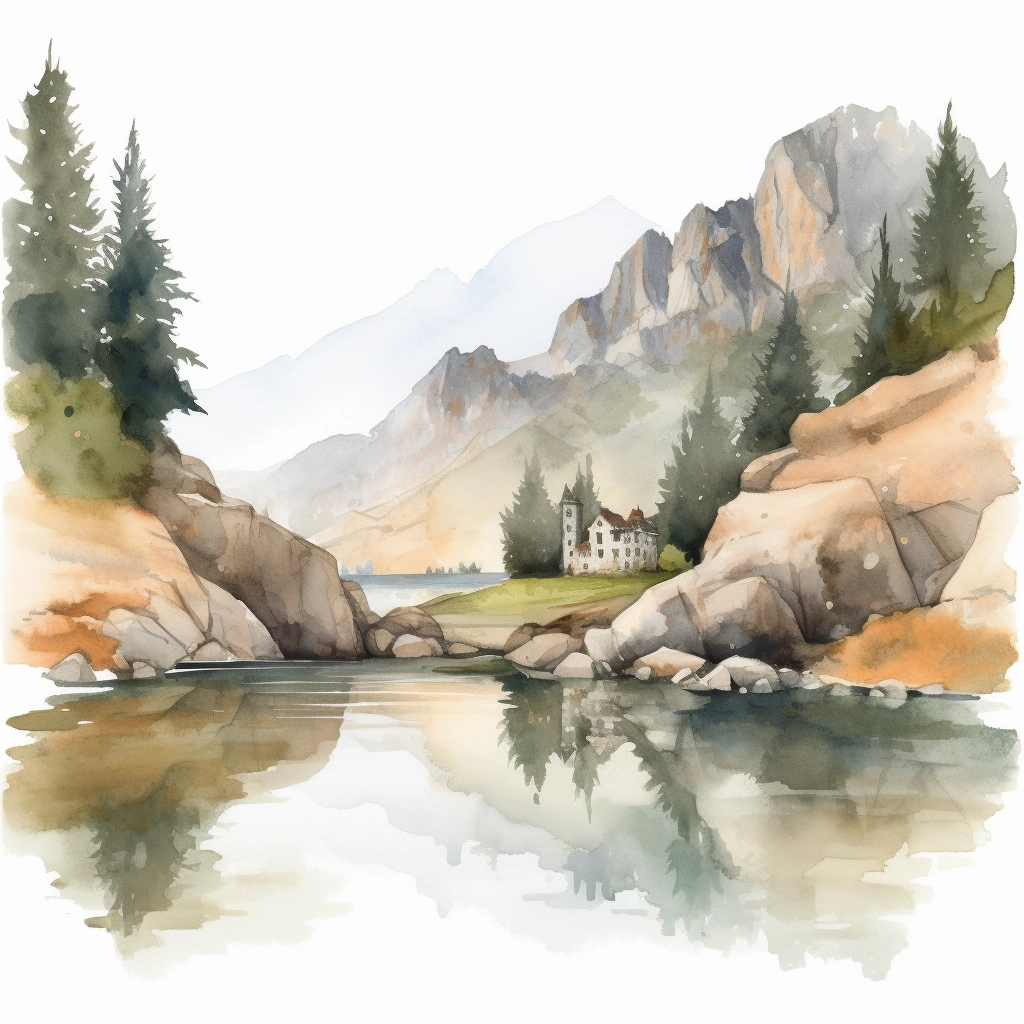 Charming Watercolor Art of Secluded Alpine Lake