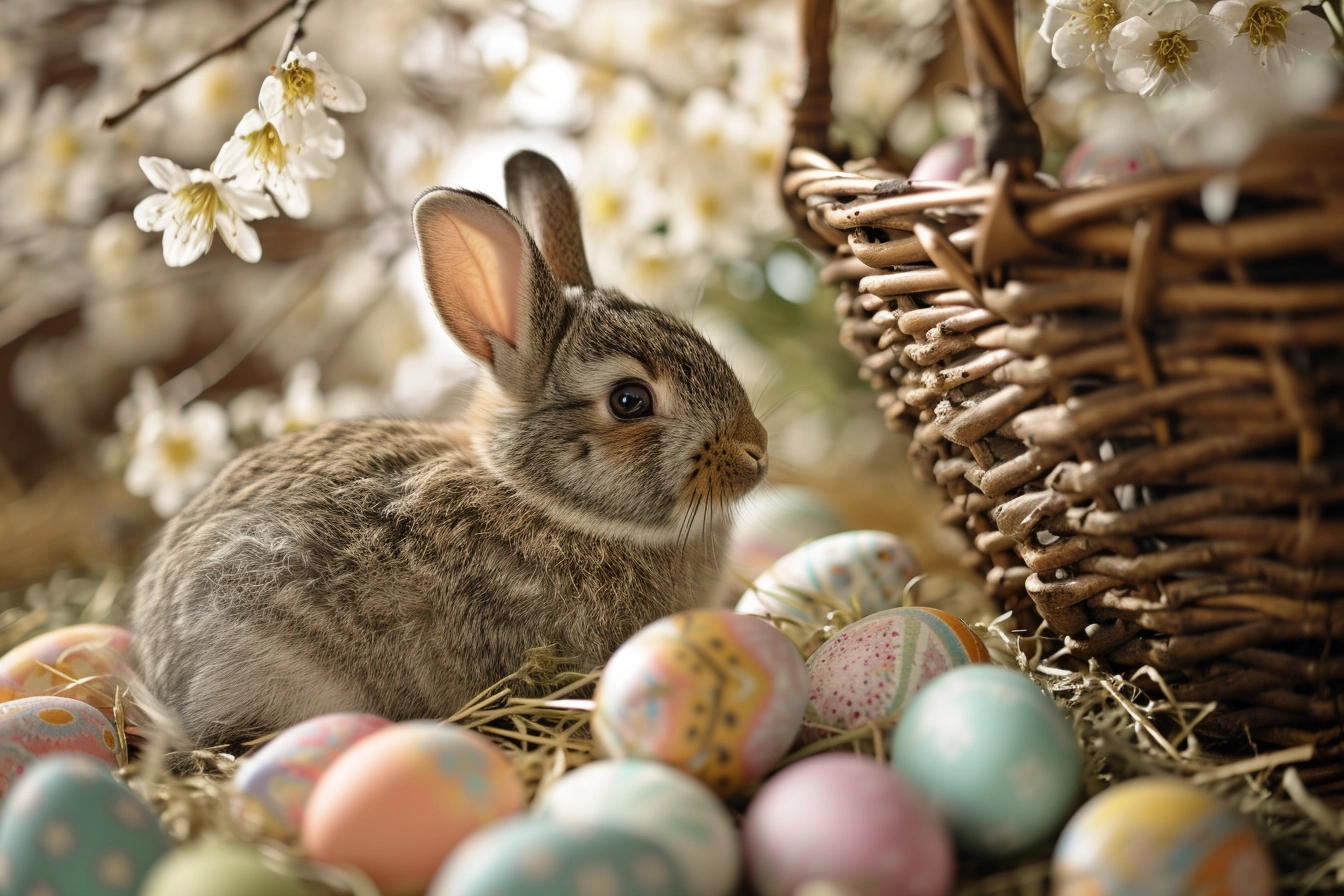 Charming Easter Bunny in a Basket: Adorable Fluffy Friend with Intricately Decorated Eggs