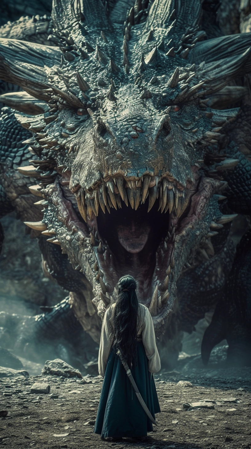 Gorgeous Dark-haired Woman Confronts Fierce Dragon in Cinematic Style