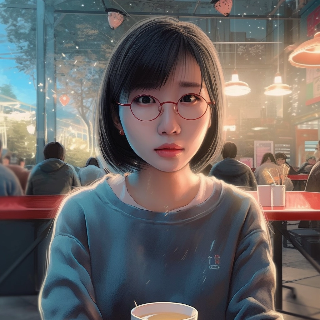 Cute Girl Sipping Coffee in Psychedelic Cafe