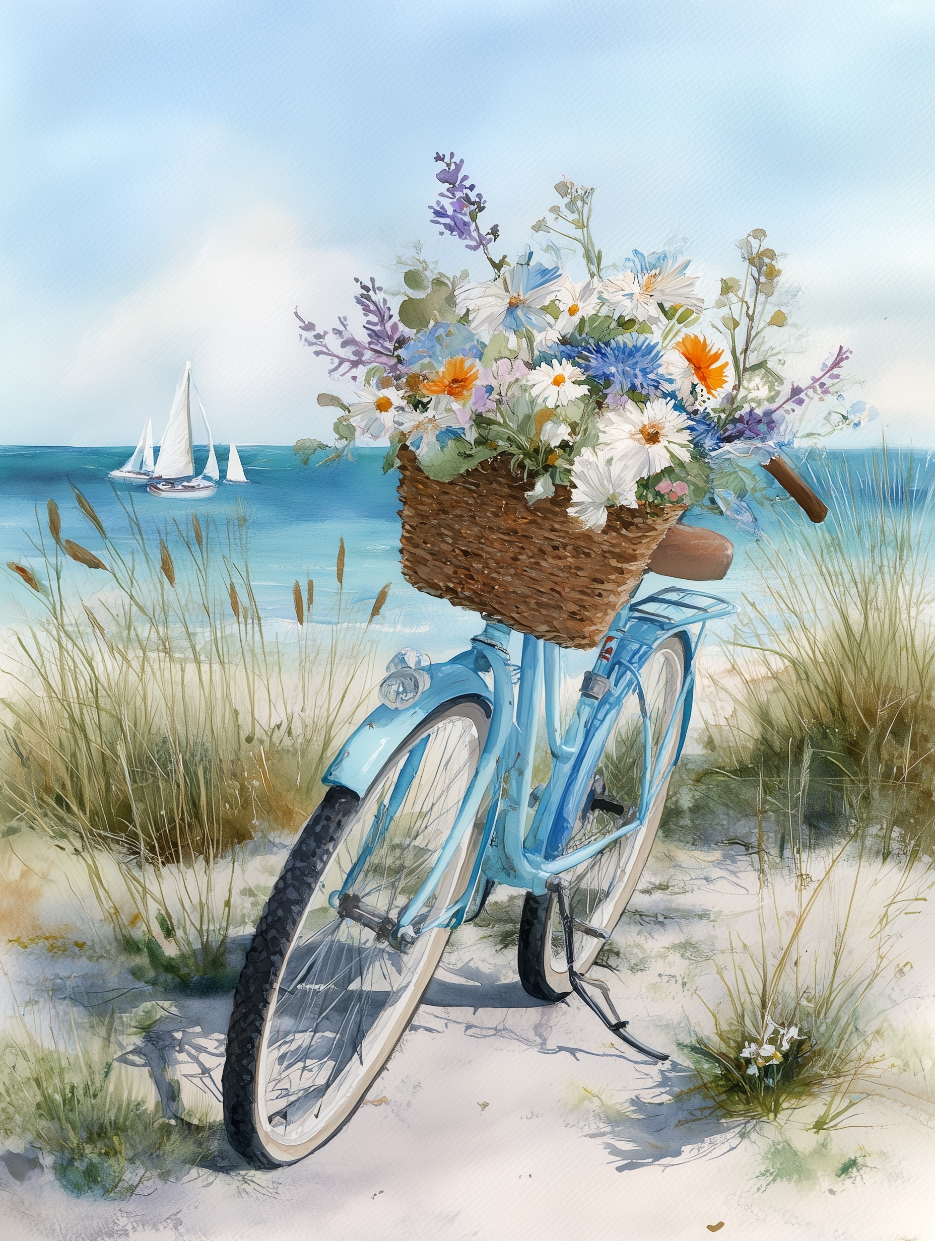 Bicycle in Bloom: Beach Watercolor Art