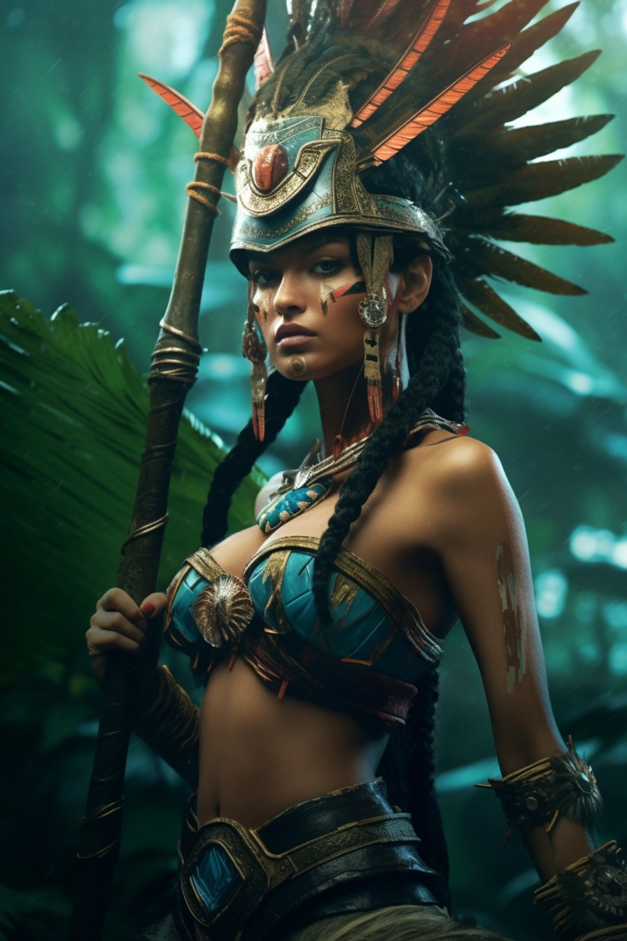 Cyberpunk Amazonian Warrior in Indigenous Attire