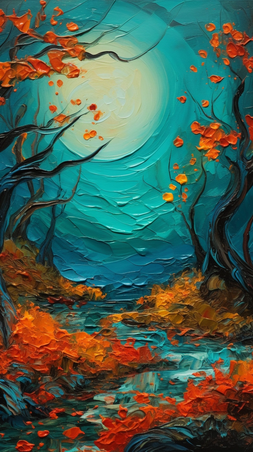 Whimsical Autumn Oil Painting in Dark Turquoise