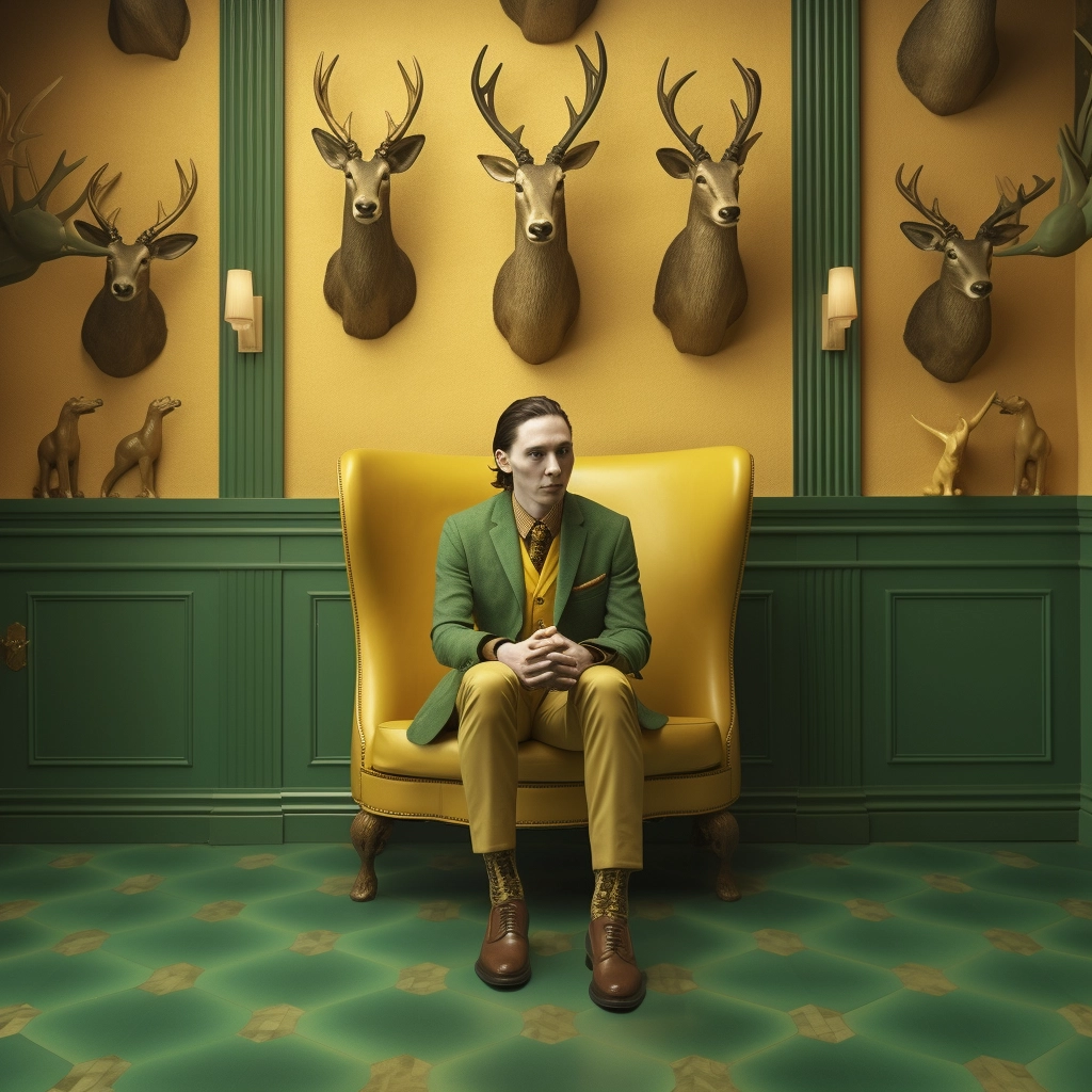 Editorial Movie Still: Loki in Wes Anderson Style