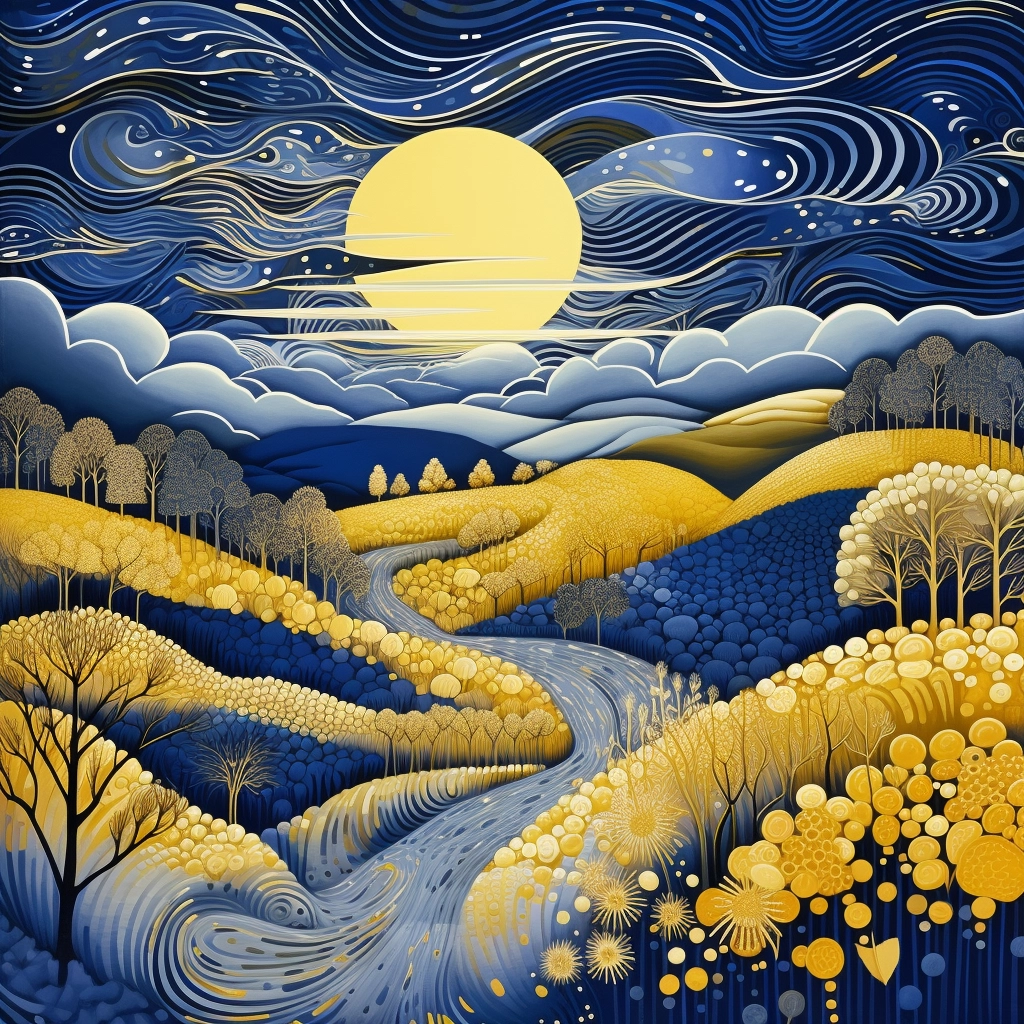 Immerse in Hyper-Detailed Fairy Tale Art with Indigo & Yellow