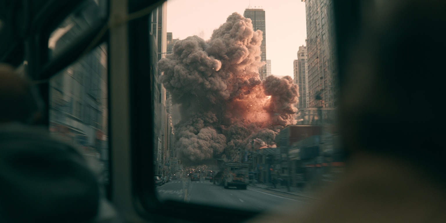 Dynamic NYC Bus View with Explosive Action Nearby