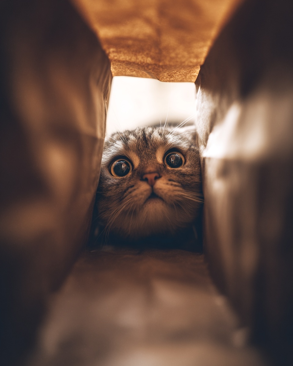 Curious Cat Peeks from Cozy Paper Bag