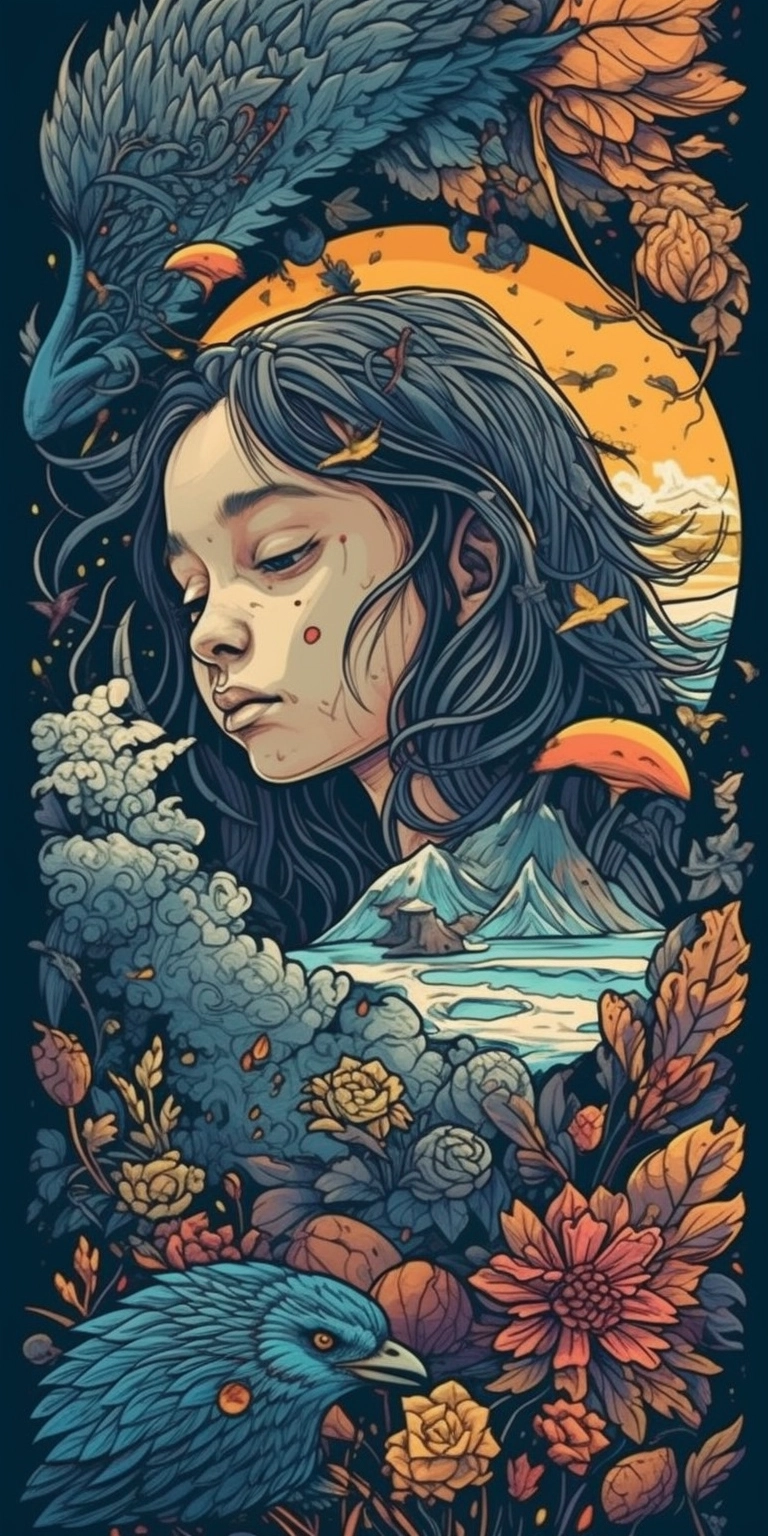 Colorful 3D Comics: Girl, Moon, Raven & Exotic Flowers