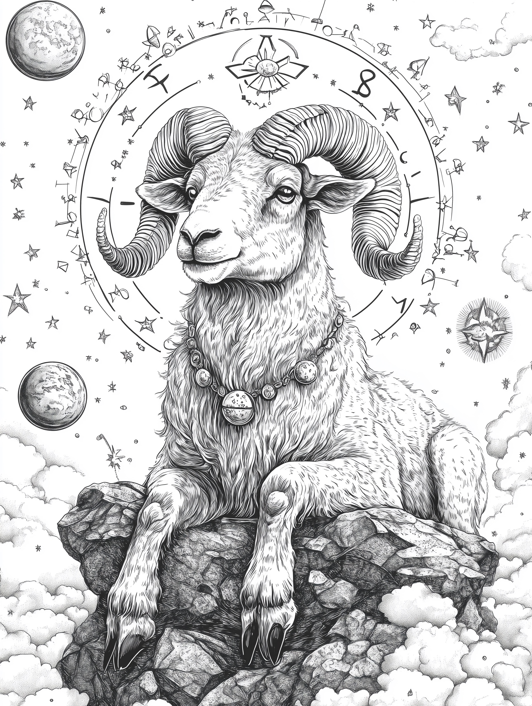 Aries Zodiac Coloring Page with Celestial Background