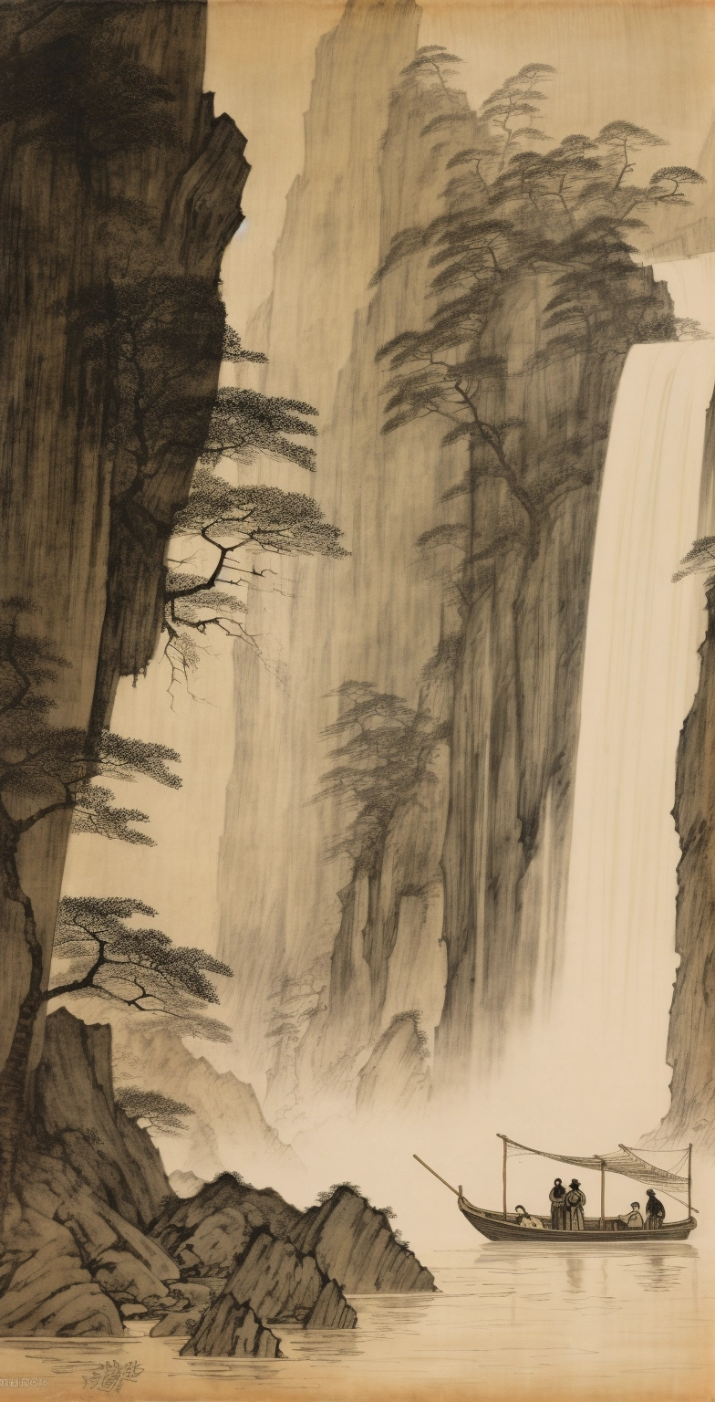 Ethereal Chinese Waterfall Painting: Meticulous Detail & Charming Sketches