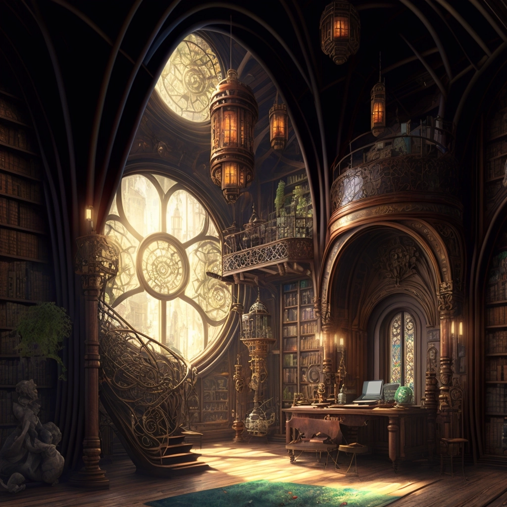 Explore Intricate Steampunk Alien Library - Harry Potter Style