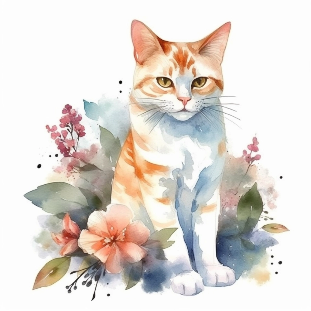 Adorable Watercolor Cat with Flowers