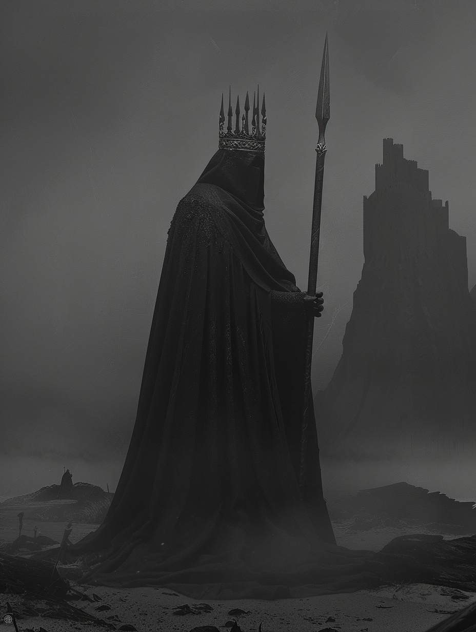 Dark Fantasy Queen: Haunting Figure in Cinematic Grayscale Art