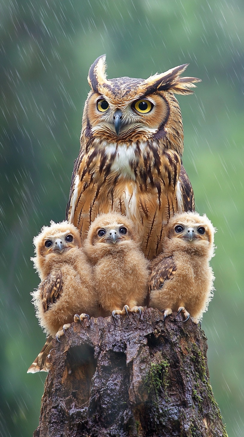 Stunning Owl Family in Rainy Forest Scene