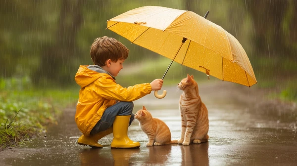 Magical Rainy Day: Joy of a Boy and His Cat