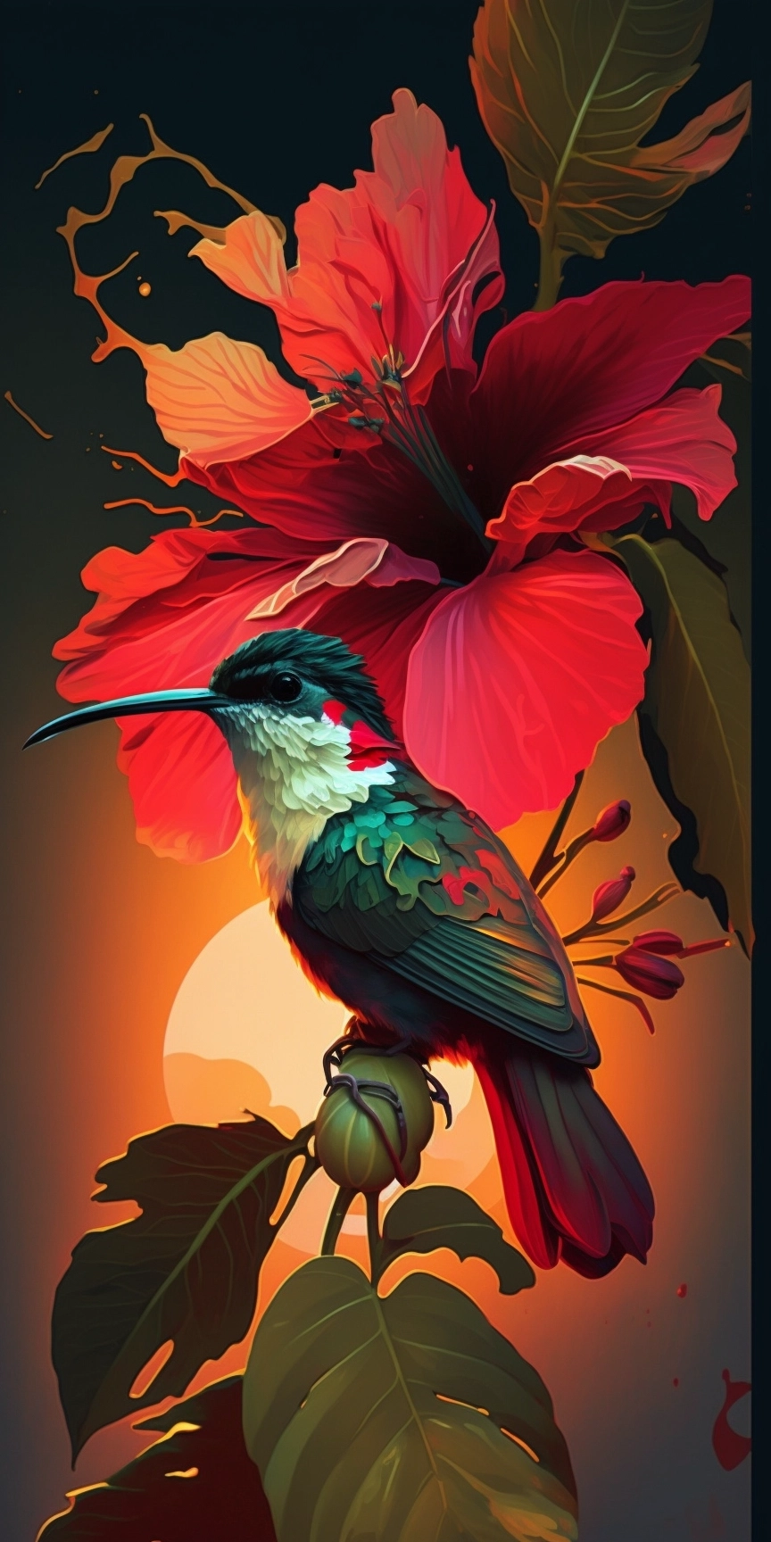 Emotional Sunrise: Dadaism Art of Hummingbird & Hibiscus