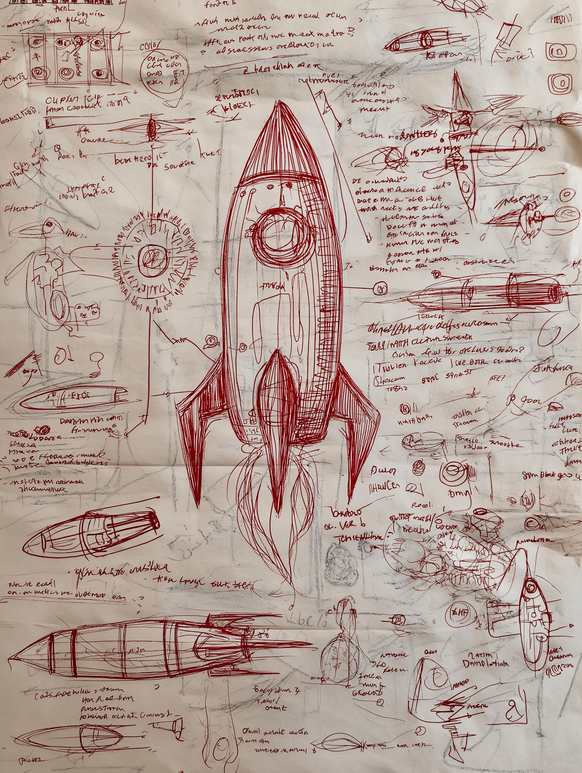 Mad Scientist's Handwritten Rocketship Blueprints