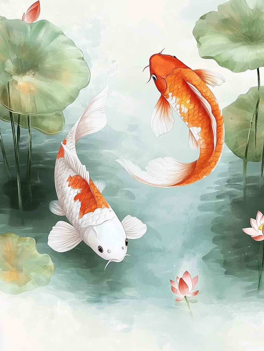 Elegant Koi Fish in Tranquil Lotus Pond Art