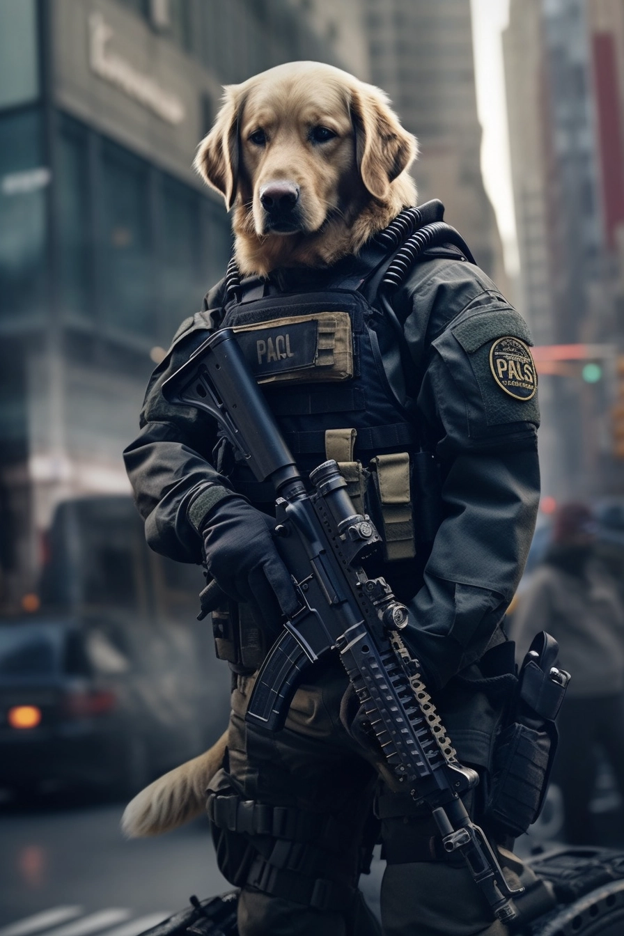 Realistic Golden Retriever SWAT Team in Full Armor