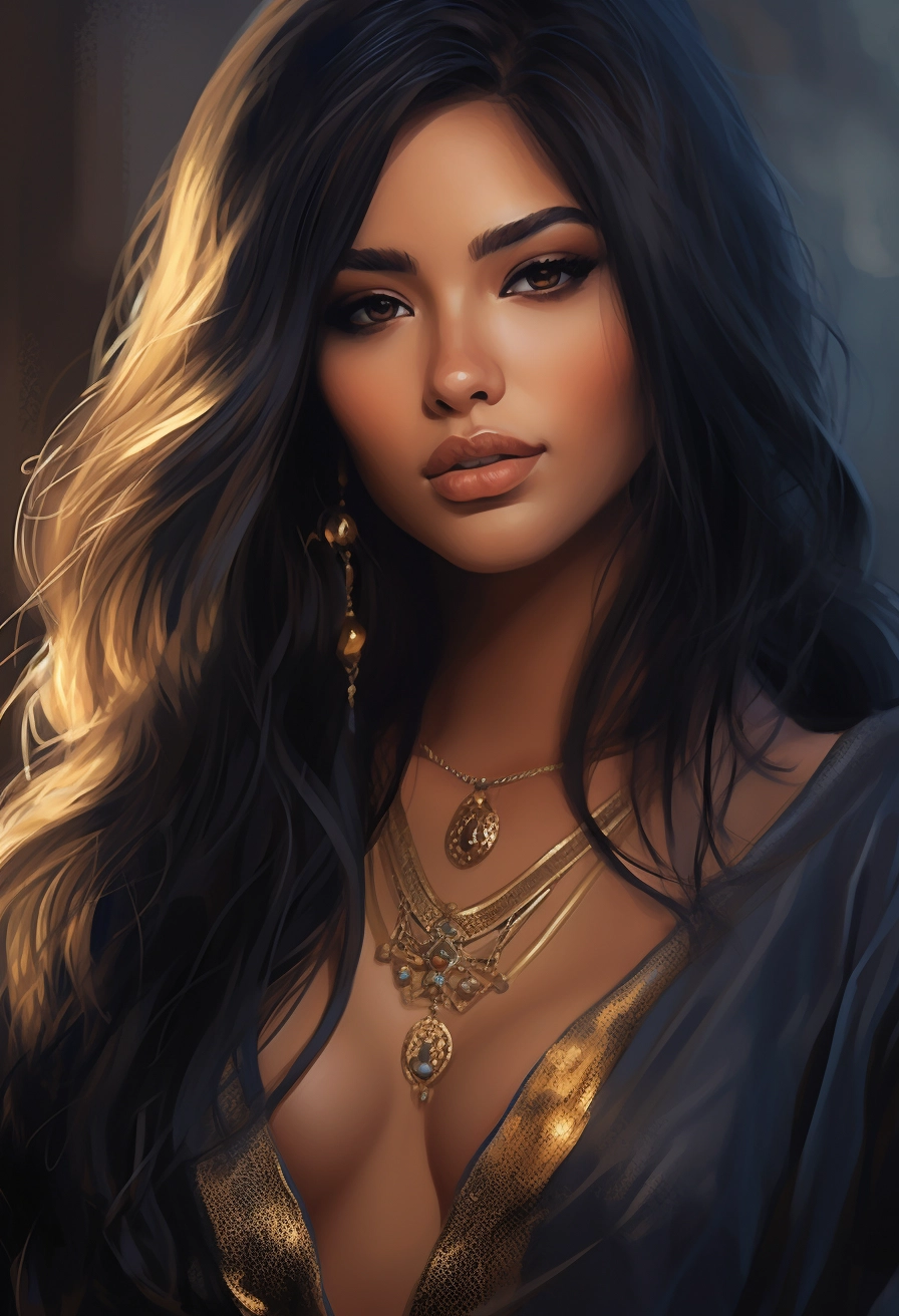 Captivating Fantasy Art: Exquisite Exotic Woman w/ Long Black Hair & Jewelry