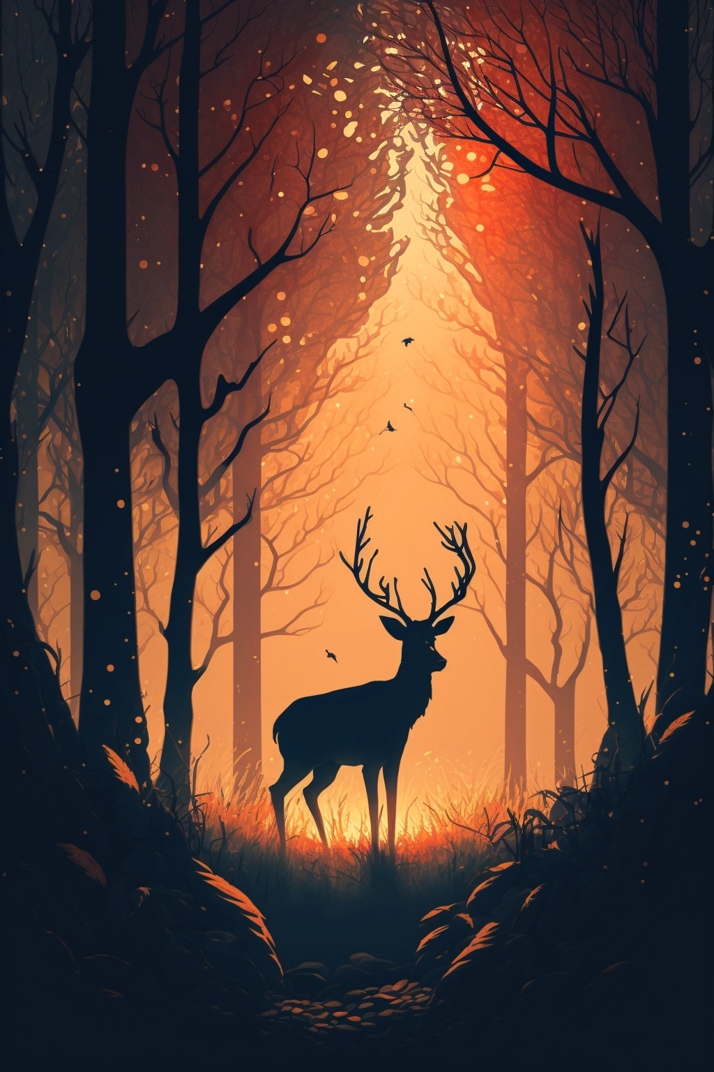 Vintage Sunset Forrest with Falling Leaves