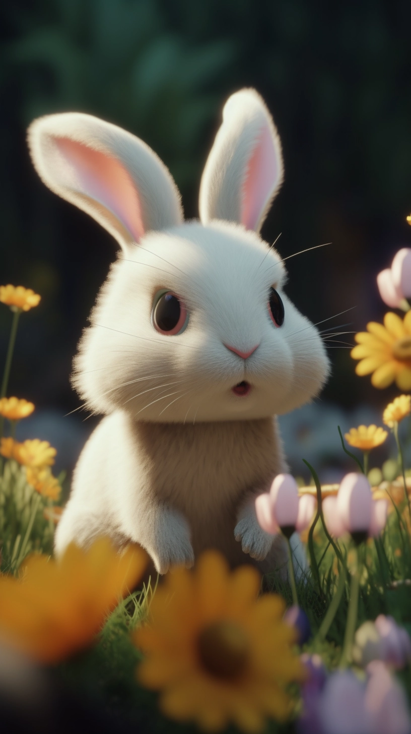 Fluffy 3D Baby Rabbit Playing with Colorful Flowers