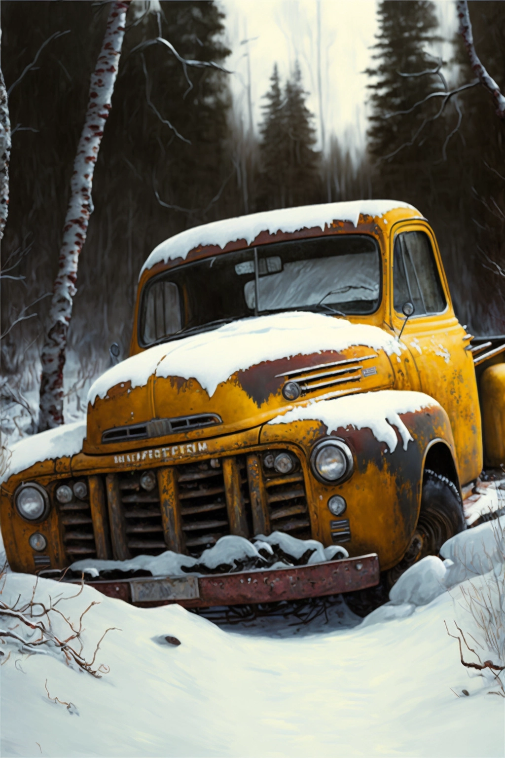 Rustic Winter Scene: Decaying Pickup Truck in Birch Forest