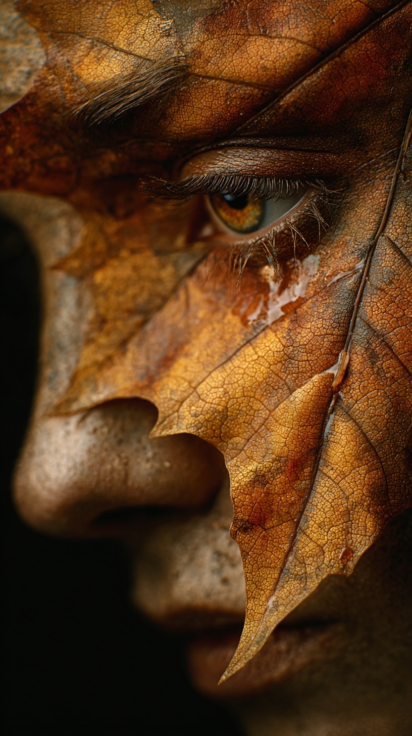 Autumn's Tear: A Woman's Face in Nature's Embrace