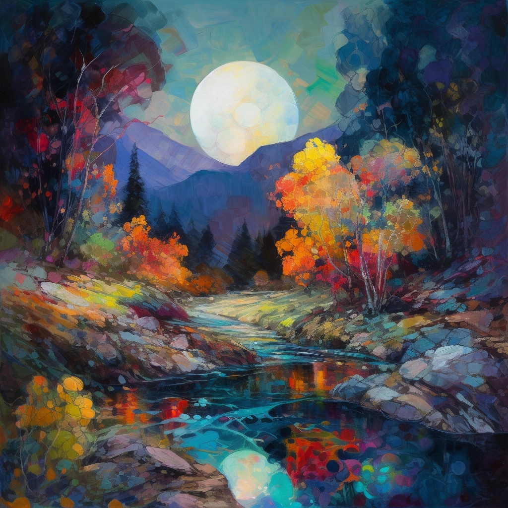 Vibrant Autumn Landscape Painting - Moonlit River