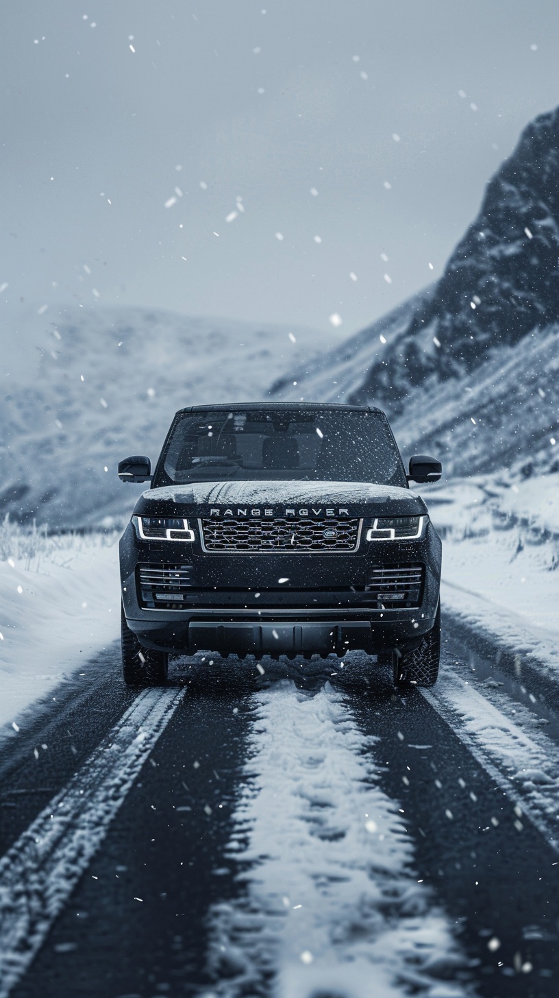 2023 Range Rover: Black Car, White Logo, Snow Mountain Background