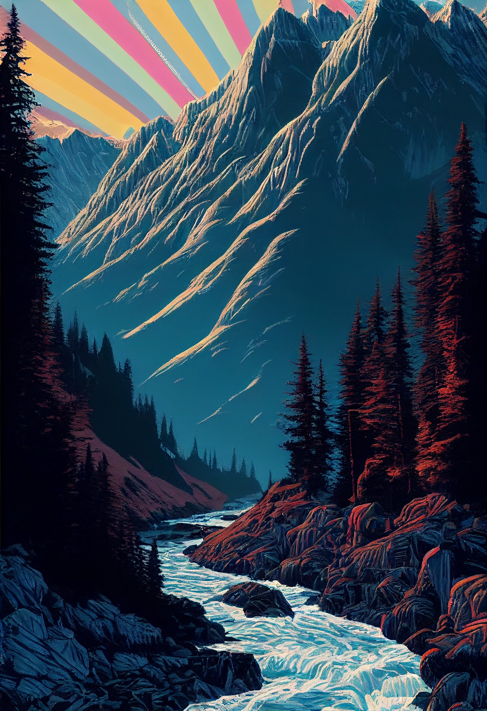 Colorful Mountain River Art by Dan Mumford