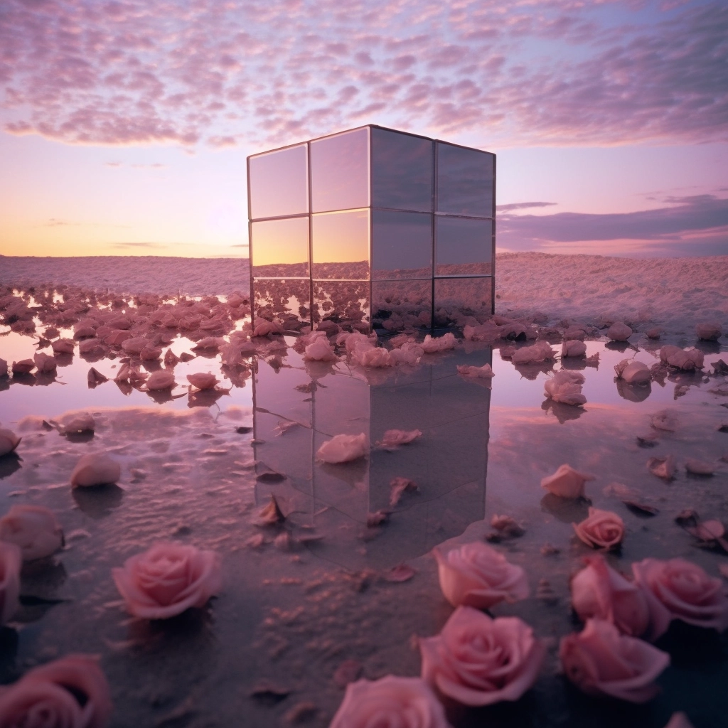 Hyper Realistic Sunset: Mirror Cube & Pink Roses