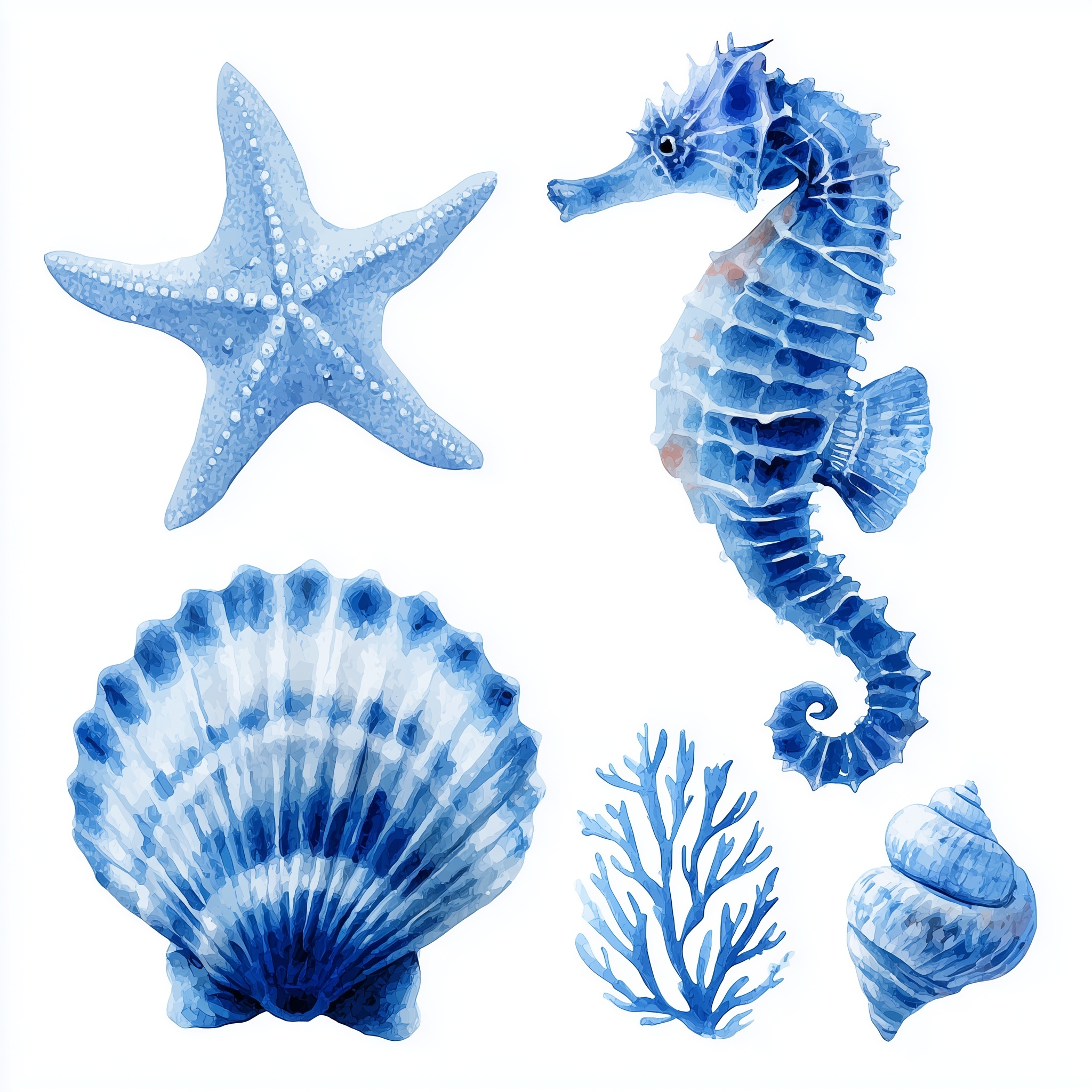 Blue Marine Life Watercolor Clip Art Set