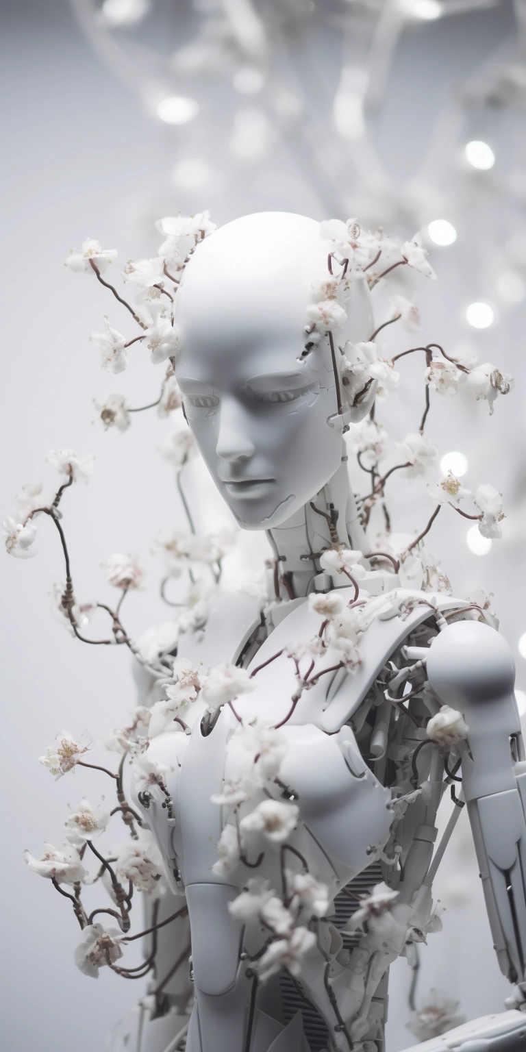 Cracked Android Marionette with White Flowers