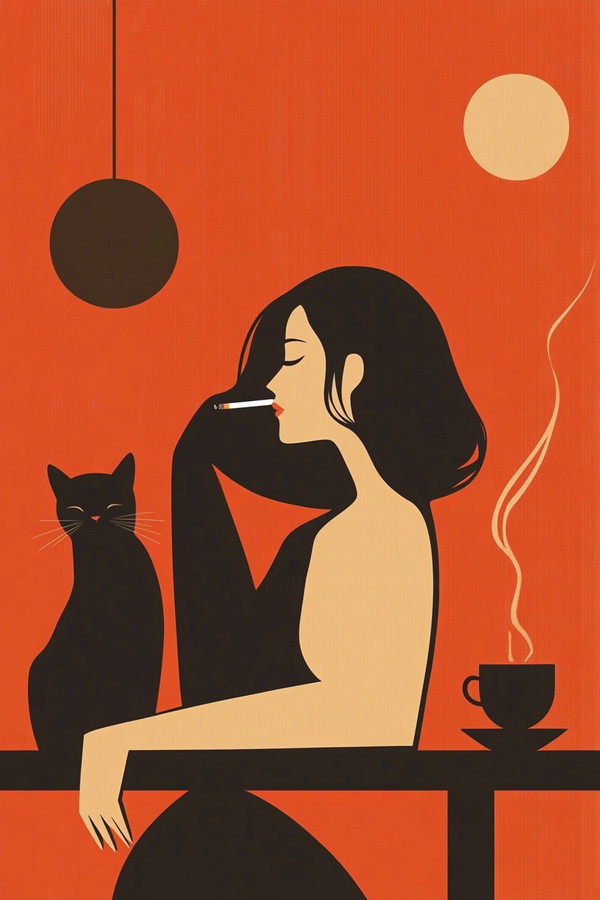 Chic Minimalist Art: Woman, Cat & Coffee