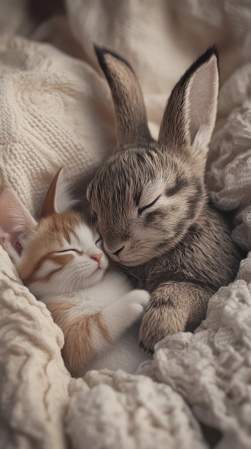 Adorable Rabbit and Kitty Napping Together