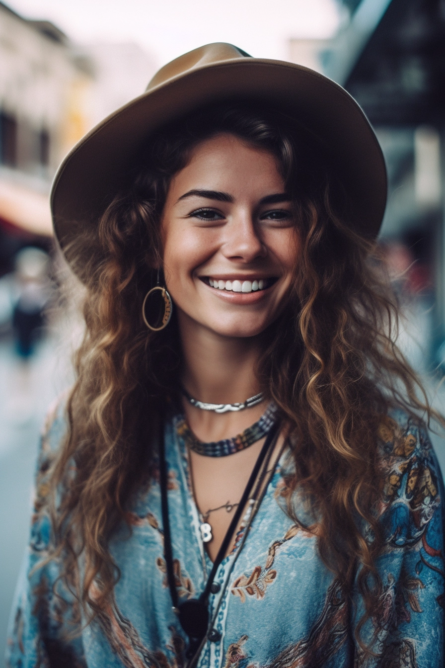 Boho Chic: Street Photography of a Smiling Young Woman