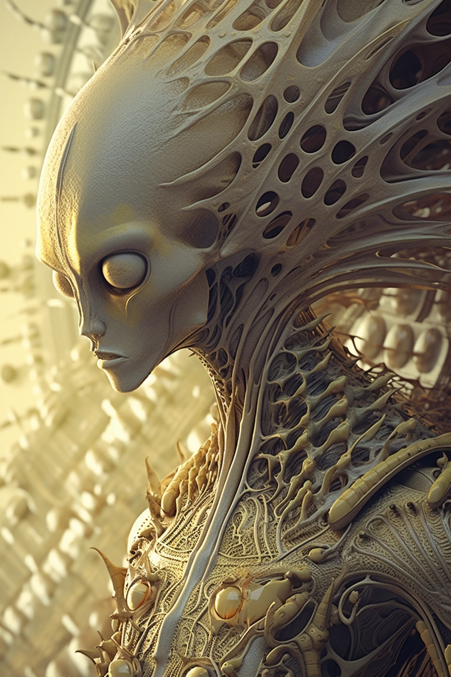 Sublime Alien God Artwork: Futuristic Organic Mustard Yellow & Grey