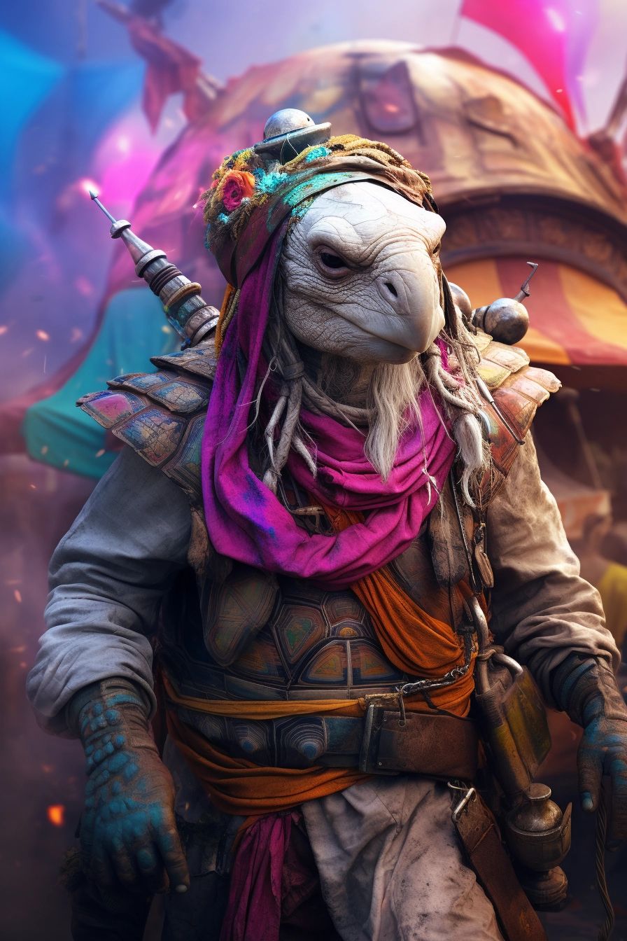 Foggy Cyberpunk Arabian Nights: Tortoise Caravan Smuggler at Holi