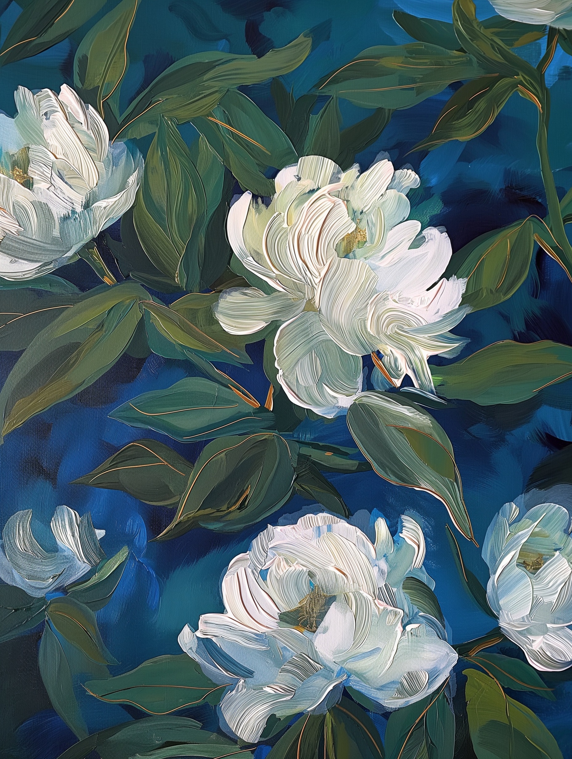 White Flowers Acrylic Painting: Detailed Botanical Illustration on Blue Background