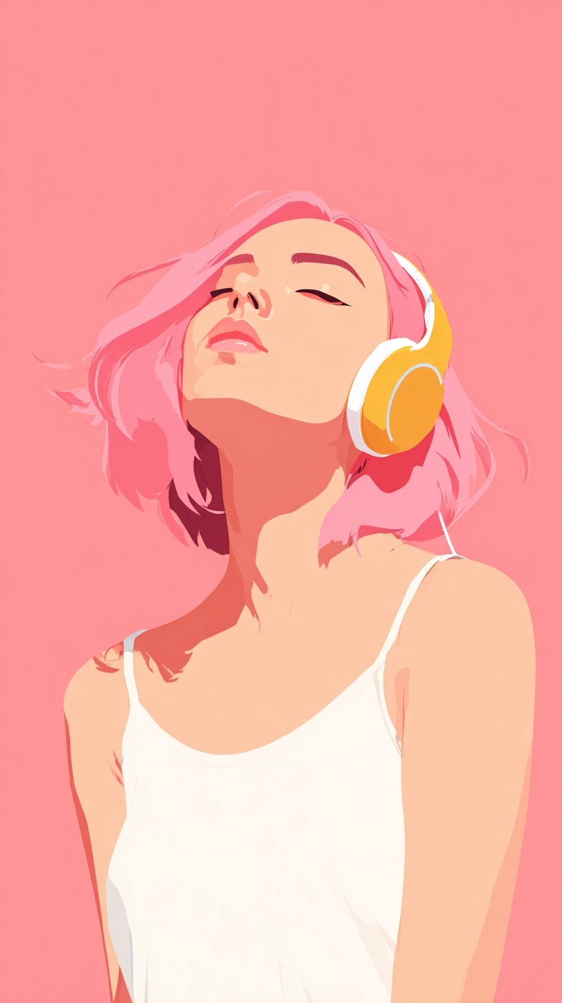 Charming Pink-Haired Girl Enjoying Music